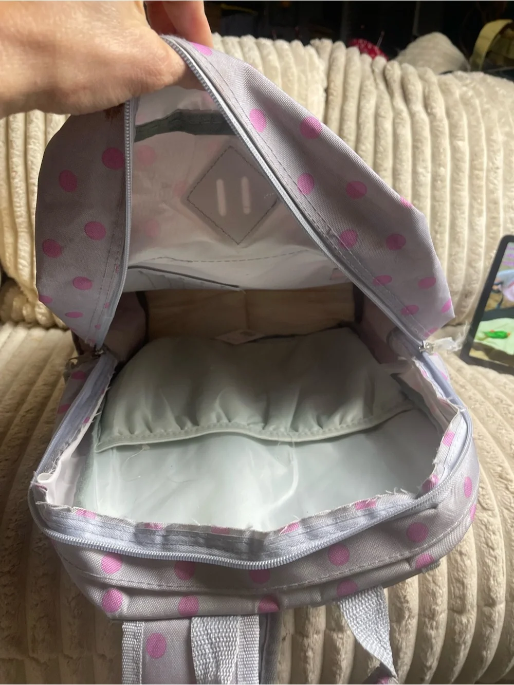 No Boundaries Women's Dome Backpack Gray Pink Polka Dot School Bag